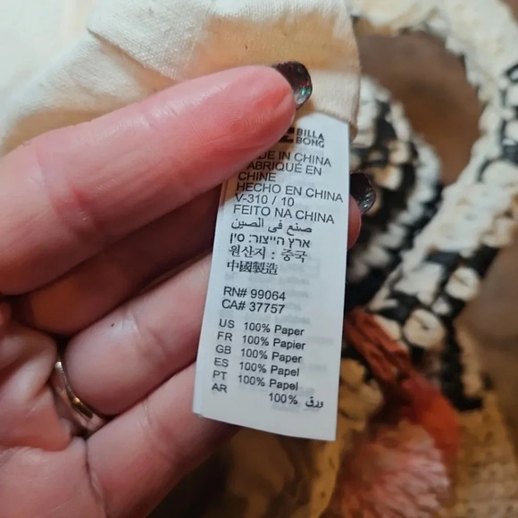 Billabong Talk to The Palm Black Striped Pompom Woven Tote Boho Beach Bag - Picture 10 of 13